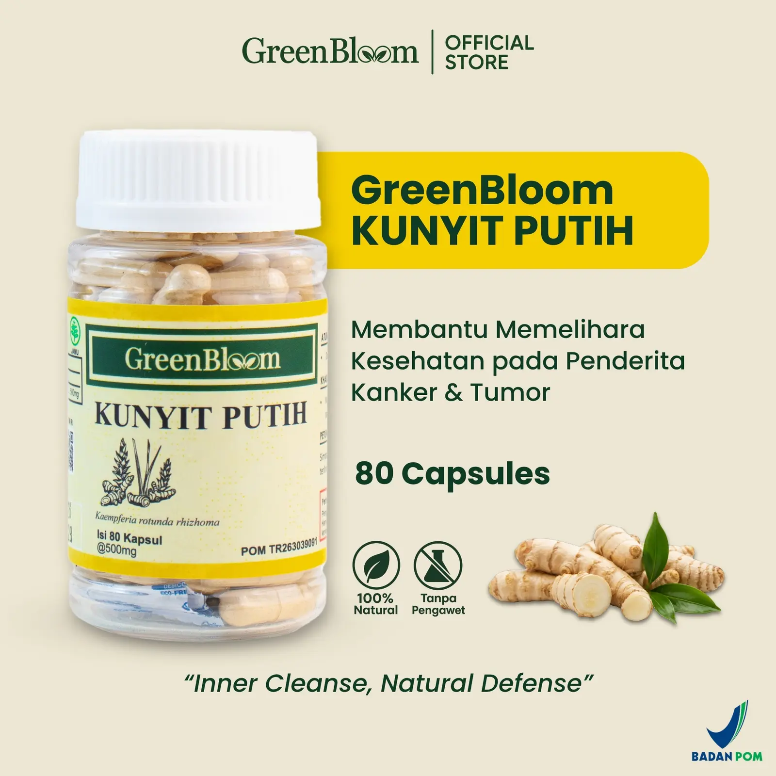 GreenBloom Kunyit Putih 80 Kapsul - Memelihara Kesehatan Pada Penderita Tumor & Benjolan