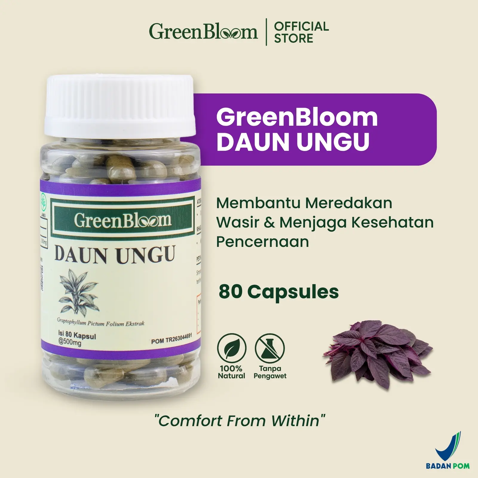 GreenBloom Daun Ungu 80 Kapsul - Wasir Ambeien Ambeyen BAB Berdarah Benjolan Herbal BPOM