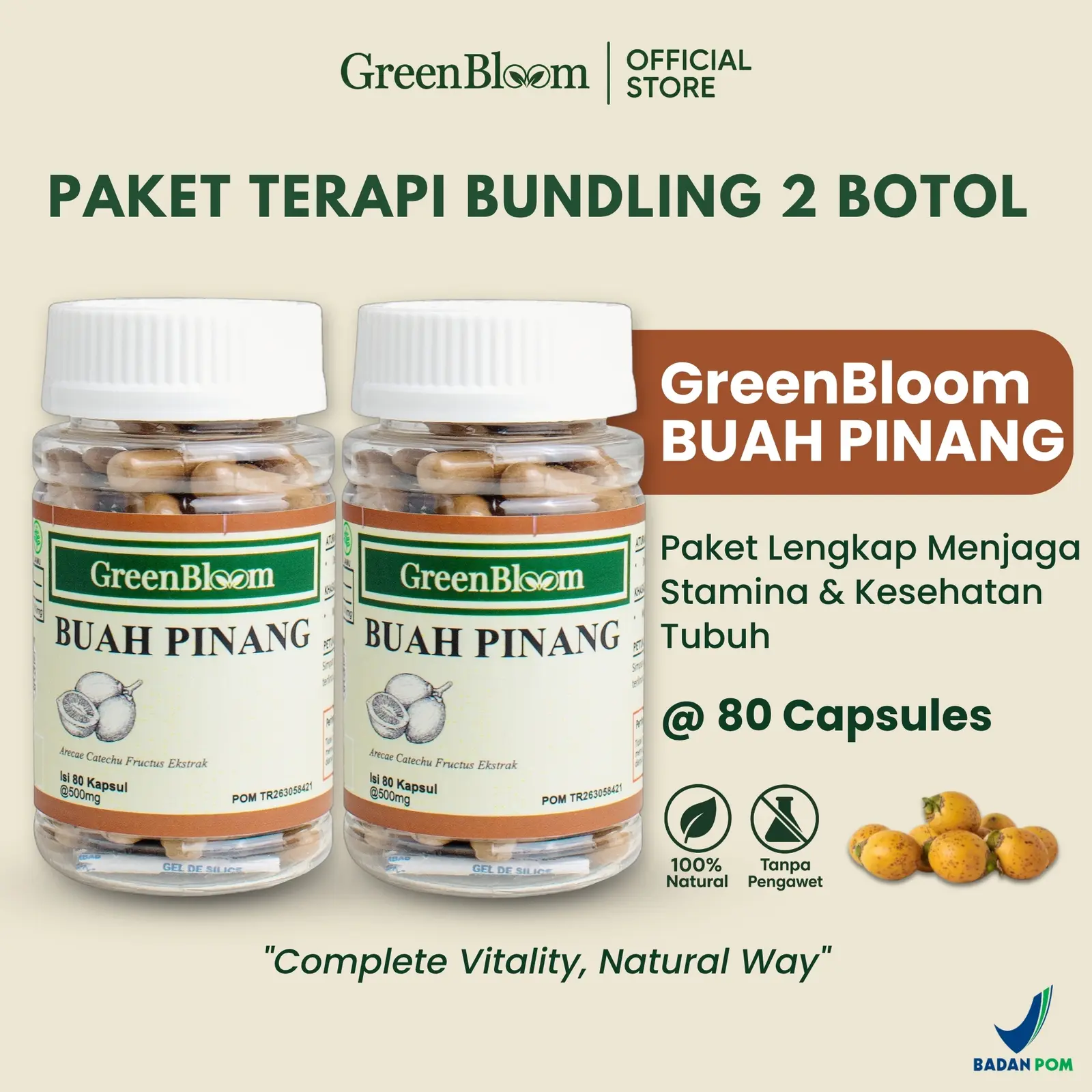 GreenBloom Buah Pinang Paket 2 Botol - Stamina Pria Vitalitas Pencernaan Detox BAB Herbal BPOM
