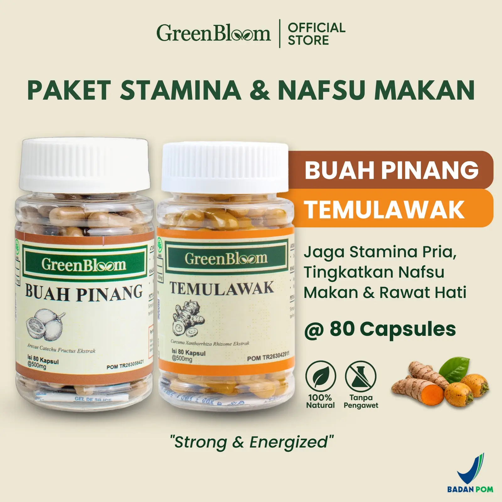 GreenBloom Stamina & Nafsu Makan - Buah Pinang + Temulawak | Vitalitas Pria & Kesehatan Liver @80 Kapsul
