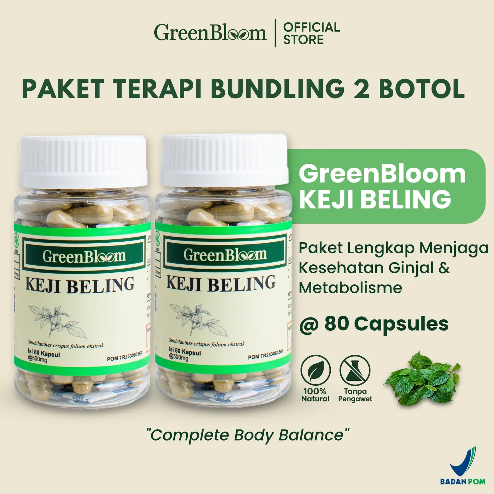 GreenBloom Keji Beling Paket 2 Botol - Batu Ginjal Gula Darah Saluran Kemih Herbal BPOM @80 Kapsul