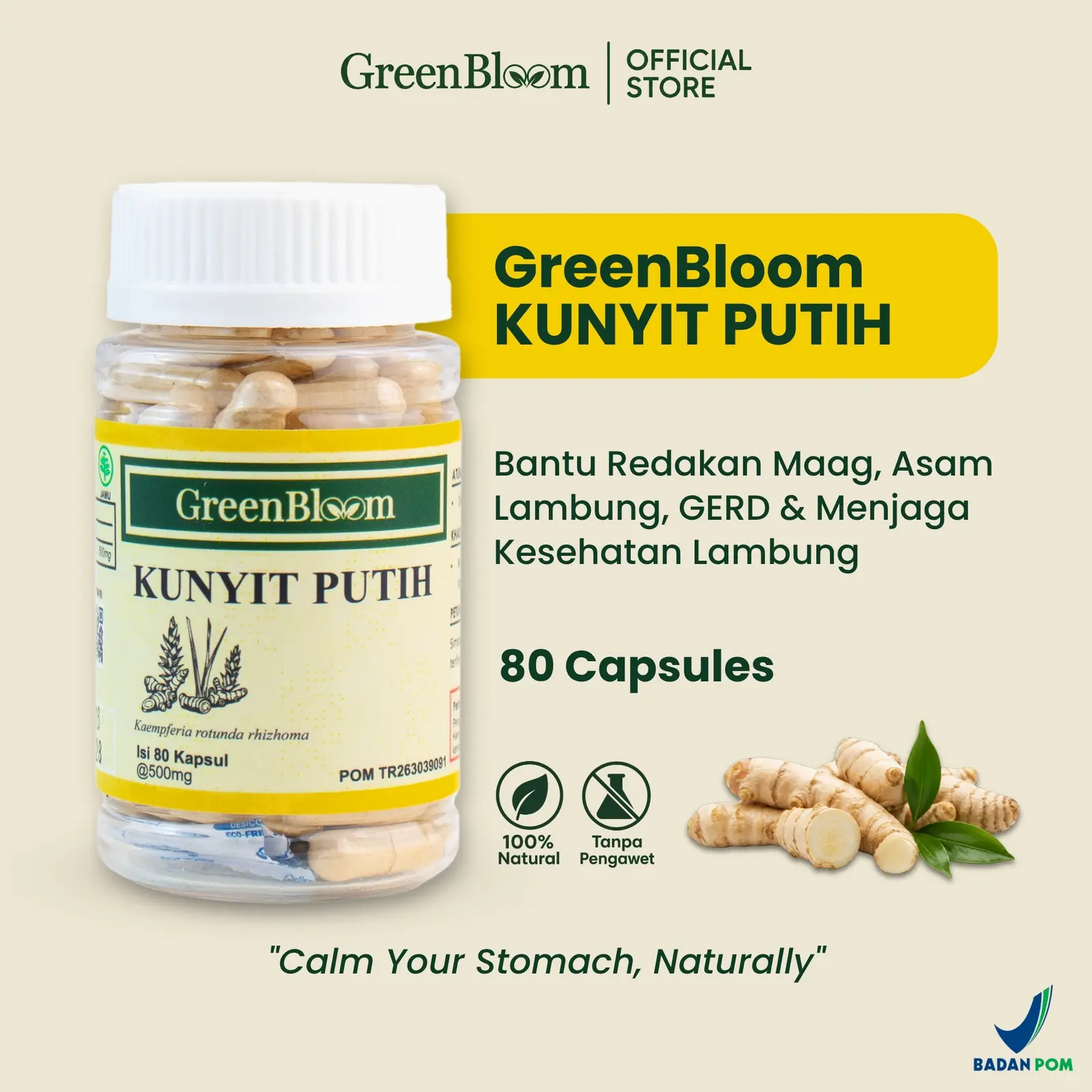 GreenBloom Kunyit Putih 80 Kapsul - Maag GERD Asam Lambung Perih Mual Kembung Herbal BPOM