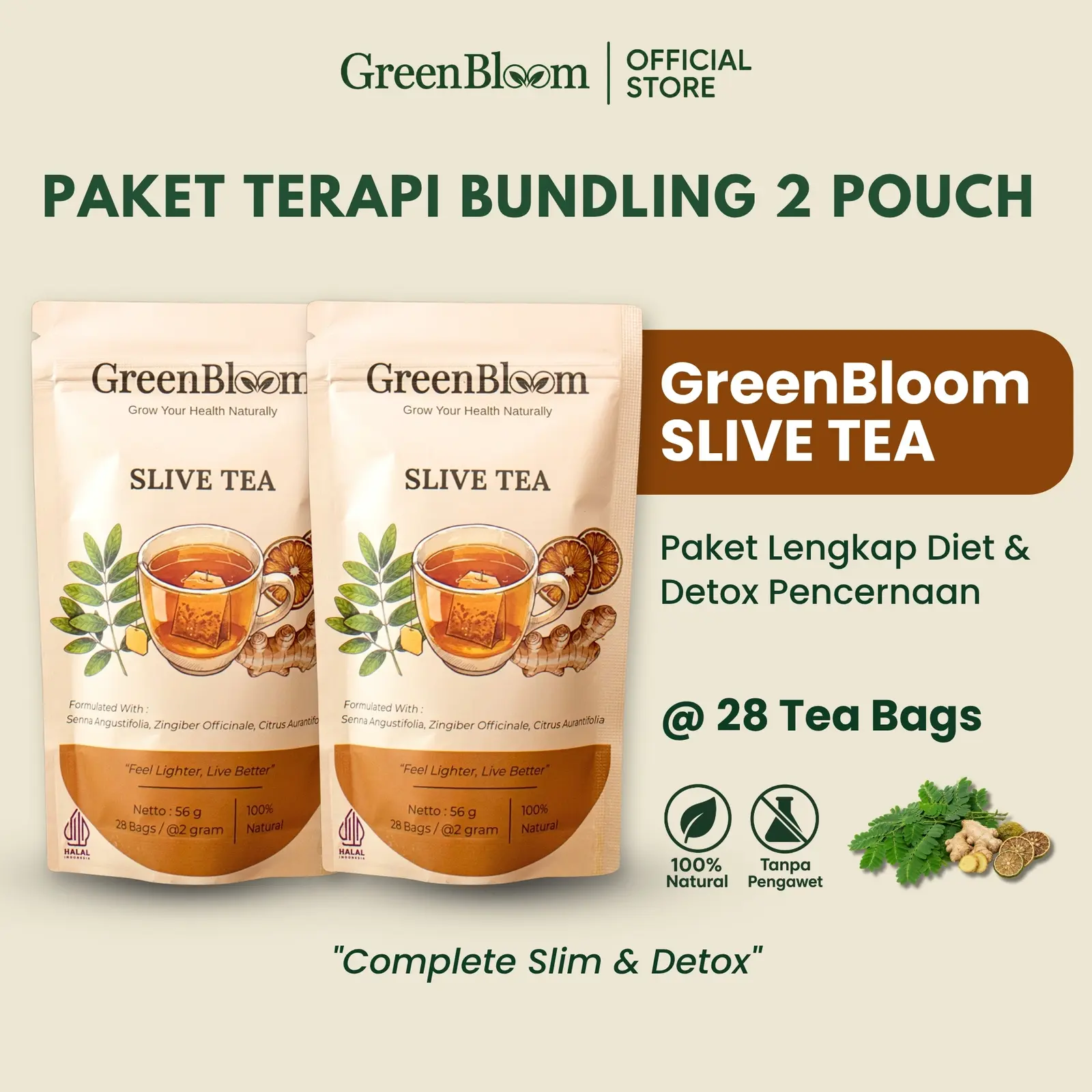 GreenBloom Slive Tea Paket 2 Pouch - Teh Diet Detox Pelangsing Buncit Pembakar Lemak Herbal Alami