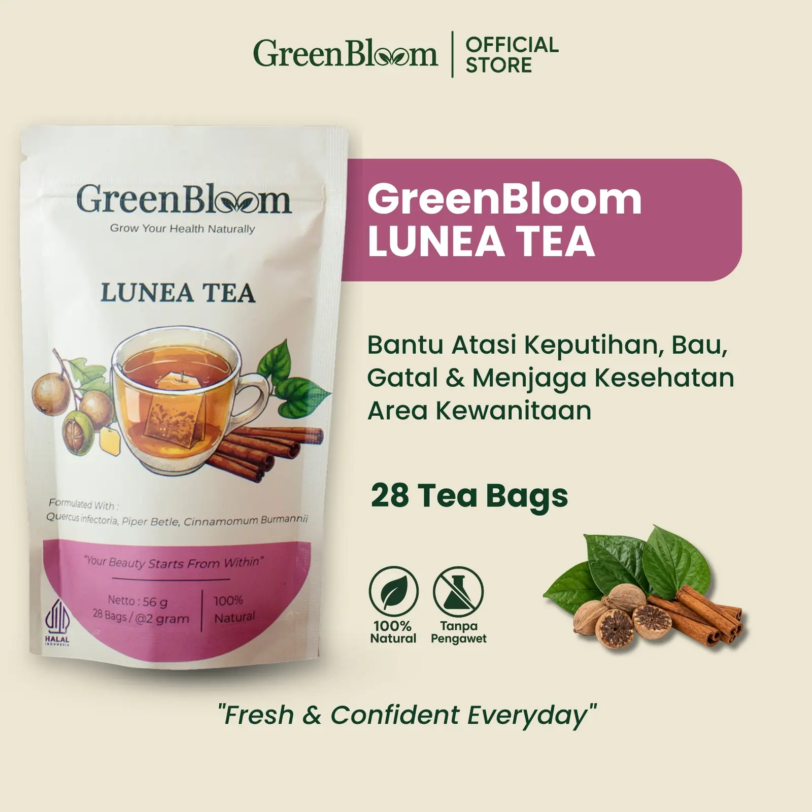 GreenBloom Lunea Tea 28 Kantong - Teh Keputihan Gatal Bau Miss V Kewanitaan Herbal Alami